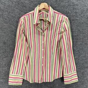 Perry Ellis Shirt Women 16 Pink Striped Button Up Collared Long Sleeve Cotton